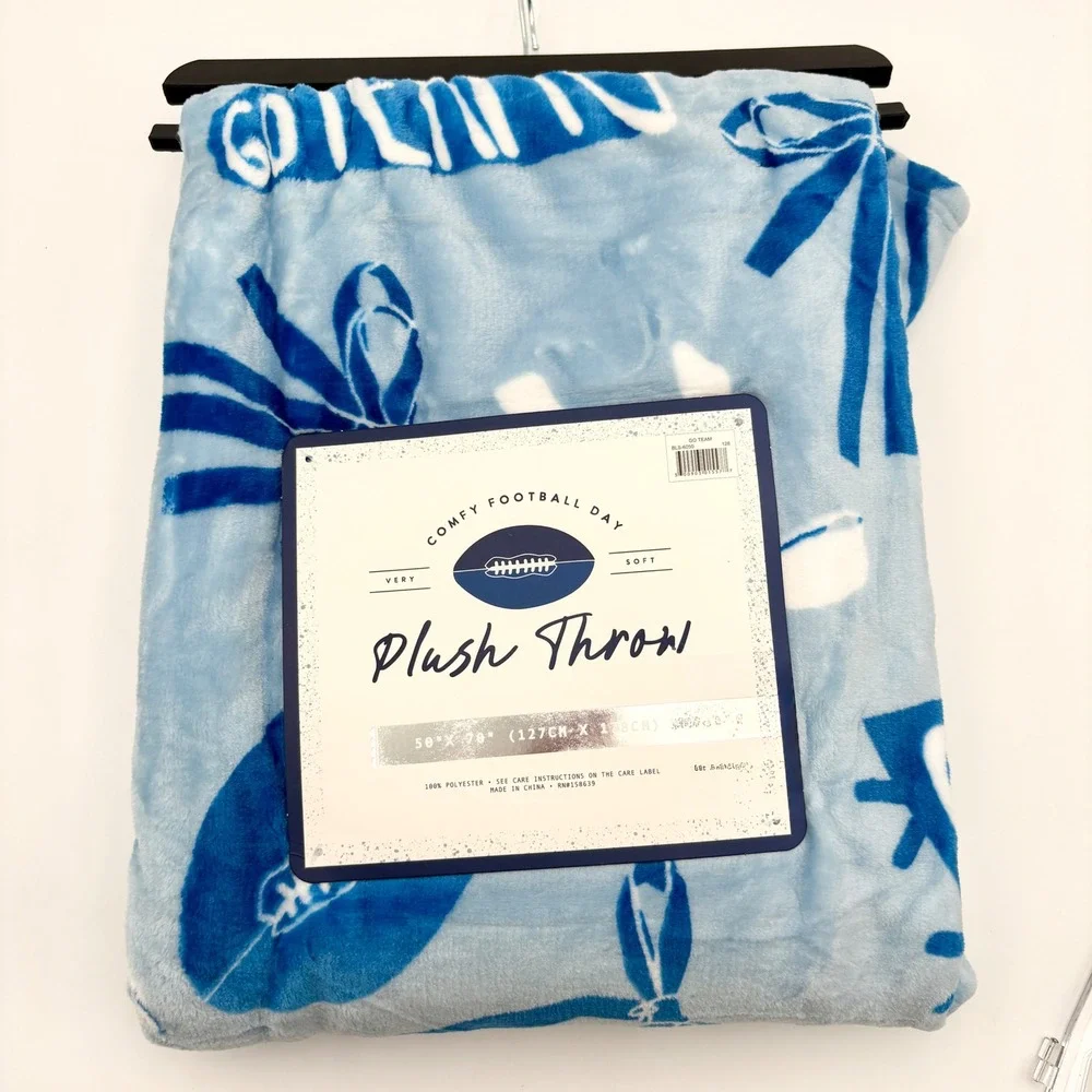 Comfy Football Plush Throw Blanket Spirit Cheerleader Cheer Go Team Blue White - Picture 6 of 6